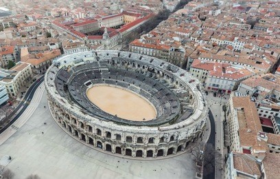 aerial view of ancient roman amphitheatre on nimes, france