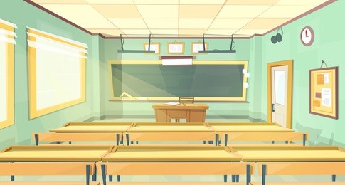 vector cartoon background - back to college. empty school classroom, interior inside, lecture hall. education concept illustration, university training room with furniture, chalkboard, table, desks.