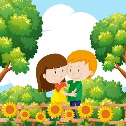 boy and girl hugging in garden illustration