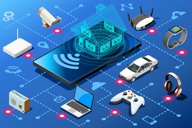 small mobile device as home energy control panel. eficiency abstract concept. isometric infographic illustration. vector design.