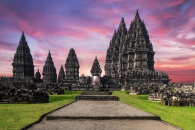 amazing view of prambanan temple against sunrise sky. great hindu architecture in yogyakarta. java island, indonesia