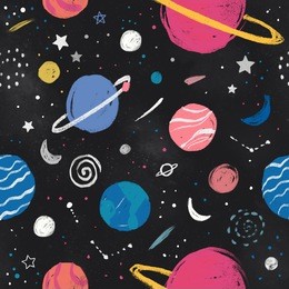 space pattern with stars, planet and moon. cosmos background. night sky. hand-drawn illustration. retro colors. use for t-shirts, swimsuits, hats, pants, bags, phone cases and combine