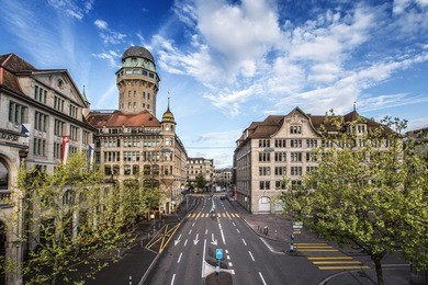 street in the centre of zurich early morning with empty street.