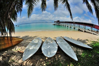  fisheye view of kayaks moored near the jetty located at kapas island, malaysia (fish-eye lens)