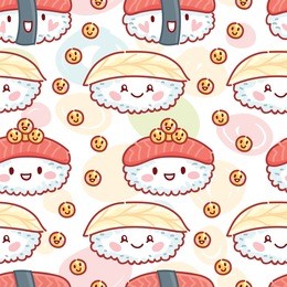 cute seamless pattern with sushi with googly eyes and flying fish roe characters. hand drawn food texture design for web, print and textile in cartoon, doodle style on color background