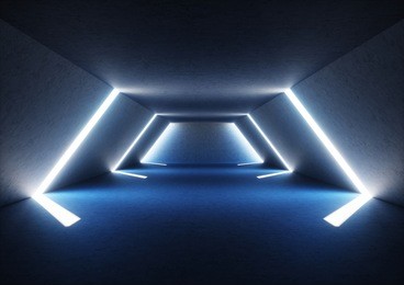 3d render of wide abstract illuminated empty corridor interior made of gray concrete, glowing blue lines with shadow, daylight tunnel with no exit, white light rays, minimalistic space