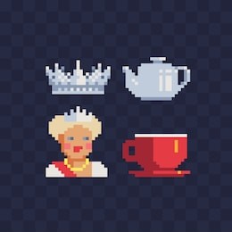 england pixel art icons set. british theme queen with crown, english tea cup and kettle isolated vector illustration. design for sticker, logo, mobile app and embroidery. game assets 8-bit sprite. 