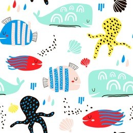seamless childish pattern with fish, octopust, whales and hand drawn shapes. creative under sea kids texture for fabric, wrapping, textile, wallpaper, apparel. vector illustration
