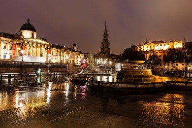 national gallery and trafalgar square in the night, london, united kingdom