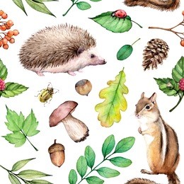 watercolor seamless pattern forest life illustration on white background with hedgehogs, ladybug, hazelnut,chipmunk, mushroom, beetle, acorn and leaves.