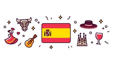 spain banner design elements. spanish flag surrounded with traditional signs and symbols. vector clip art illustration, cute cartoon style.