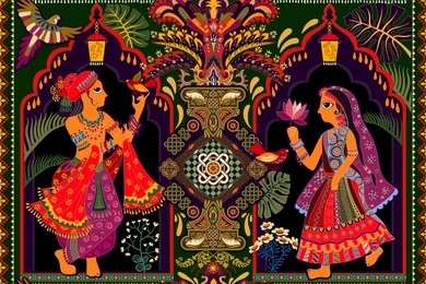 vector seamless wallpaper, indian motif.  man and woman in the tropical garden. ethnic style. indian color miniature. decorative seamless panel, hand drawn illustration