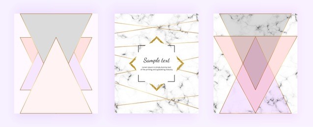set cover geometric designs with marble texture, gold lines, triangles, pastel pink, grey colors background. trendy template for invitation, card, banner, wedding, placard, party, flyer, brochure
