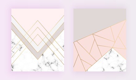 modern geometric designs with marble texture, gold lines, triangles, pastel pink, grey colors background. trendy template for invitation, card, banner, wedding, placard, party, flyer, brochure
