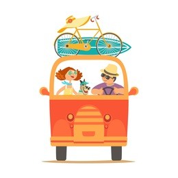 travelling by car icon. young happy travellers, dog pet take a trip by minivan. family couple go on microbus journey. summer vacation touring by auto. cute cartoon. colorful humor vector illustration