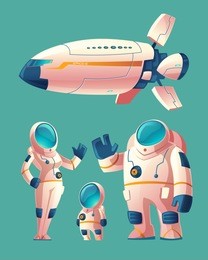 vector spaceman family, people in spacesuit - woman, man, child with space ship, shuttle. colonization concept, colony on planet, star. cosmonauts, astronauts in futuristic clothes