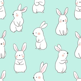 vector illustration seamless pattern background design cute rabbit on green pastel color.doodle cartoon style.