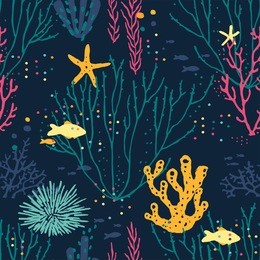 seamless hand drawn pattern with corals, fishes, sea urchin and starfishes. vector colorful illustration on dark blue background.