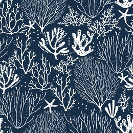 seamless hand drawn pattern with coral reef and starfishes. vector white illustration on dark blue background.