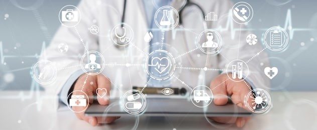 doctor on blurred background using digital medical futuristic interface 3d rendering