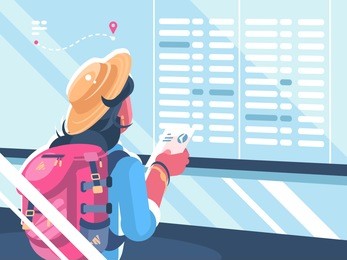 girl traveler watch schedule of flights. holidays and vacations. vector illustration