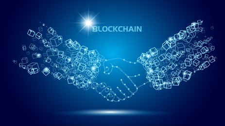 blockchain technology agreement handshake business concept.