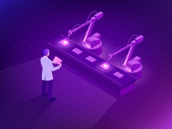 isometric industrial robot working in factory. man holding a tablet with augmented reality screen software and of automate wireless robot arm in smart factory background. vector illustration.
