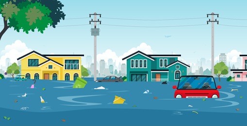 city floods and cars with garbage floating in the water.