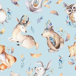 baby animals nursery isolated seamless pattern with bannies. watercolor boho cute baby fox, deer animal rabbit and bear isolated illustration for children. bunny image