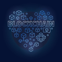 blockchain technology blue heart. i love block chain vector creative symbol or illustration made with outline blockchain concept icons on dark background