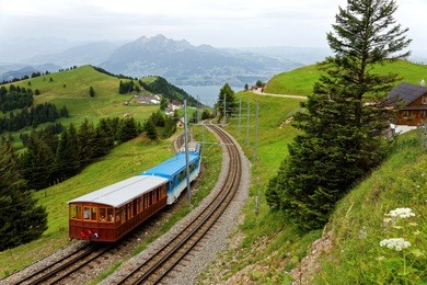 a sightseeing train travels on the cogwheel railway thru green grassy meadows on mt. rigi, with rugged pilatus peaks among alpine mountains opposite lake lucerne on a cloudy summer day in switzerland