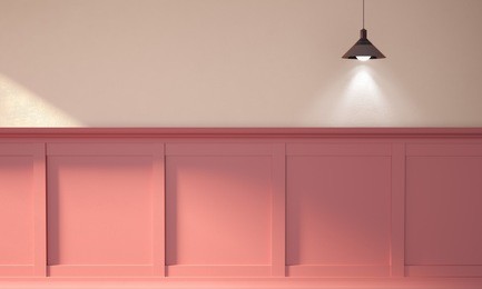 3d rendering illustration of colorful modern interior on sunny morning. beige plaster wall, classic coral rose panel with molding and hanging metal lamp. bright spotlight.