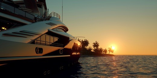 extremely detailed and realistic high resolution 3d image of a super yacht approaching a tropical island with palms