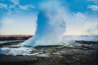 strokkur geysir geyser on the south west iceland. high eruption of boiling water at geothermal area haukadalur. fountain in winter