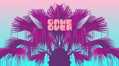 tropical neon pink chinese fan palm tree mirror left and right, surreal beach background with 8bit "game over" text. modern vintage/ retro futuristic vaporwave background
