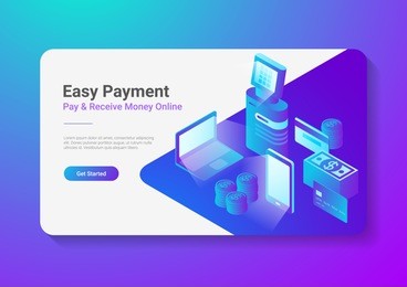 isometric flat online payment by smartphone laptop pos terminal with credit debit card coins cash money.