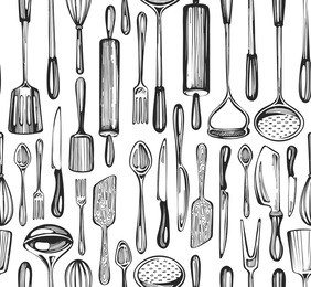 seamless pattern with sketch kitchenware