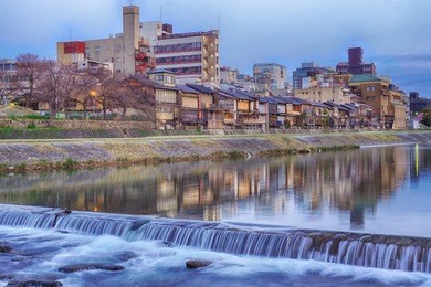 pontocho alley with the river of kamogawa in the morning in kyoto, japan