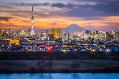 tokyo city view and mt. fuji after sunset