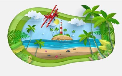 vector illustration on a summer holiday. beautiful views of the beach. there are lighthouses and airplanes. paper art style