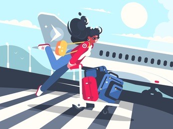 girl carrying baggage on trolleys for flight. air transportation service. vector illustration