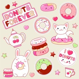 set of cute donut icons in kawaii style with smiling face and pink cheeks for sweet design. sticker with inscription i love donuts and donuts forever. bunny, cat, teapot, shiny heart and star. eps8  