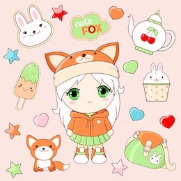set of cute icons in kawaii style. little girl in a hoody, green skirt and hat with fox face, sticker with rabbit face and inscription cute fox, ice cream, bag, baby fox, teapot, shiny heart and star