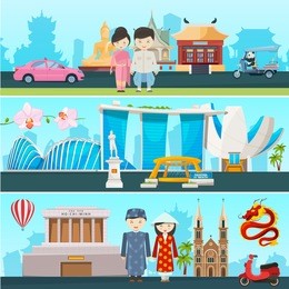 banners illustrations of east countries vietnam, thailand and singapore. building architecture and culture country of asian, cultural national east vector