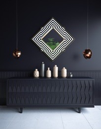 luxury minimalist dark living room interior 
with commode,vases, chandeliers and mirror , 3d render