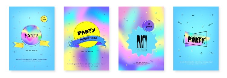 set of vertical party flyers. holography elements. template for holiday design. vector illustration.