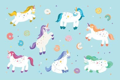 vector hand drawn illustration of cute unicorns with donuts.