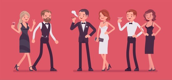 high society party. group of rich, powerful, and fashionable people in evening dresses enjoy life at luxury party, wealth and social status elite club gathering. vector flat style cartoon illustration
