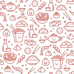 vector line art iconic seamless pattern of chinese cuisine. traditional food of different provinces of china lktake away boxes, noodles, dim sum, ramen and spring rolls.