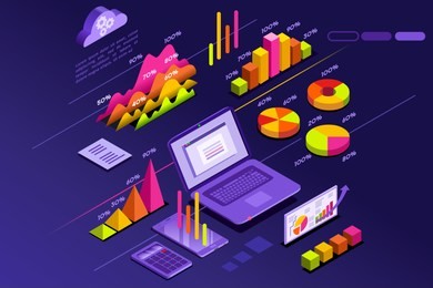 web finance success, isometric design with isometric laptop icon, isometric violet blue web template.